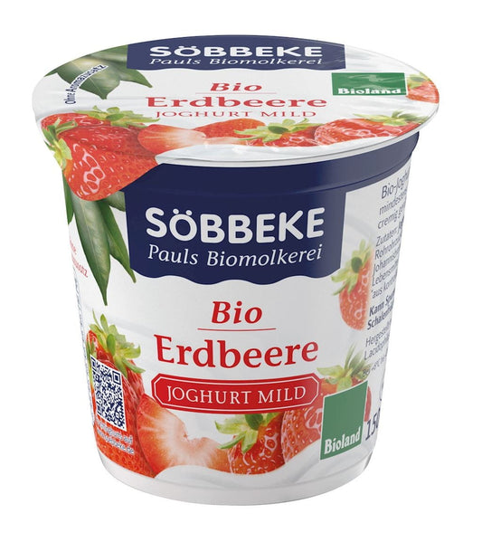 Bio-Erdbeerjoghurt von SOBBEKE in 150 g Schale mit frischen Erdbeeren und cremiger Joghurtbasis.