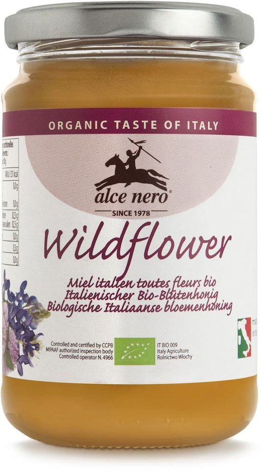 Mehrblumenhonig BIO von ALCE NERO in 400 g Glas, flüssig und goldgelb, mit blumigem Duft und natürlicher Konsistenz.