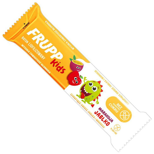 Frupp Baton Kids Apfel-Maracuja 10g Fruchtgummi in gelber Verpackung, detailreiche Nahaufnahme