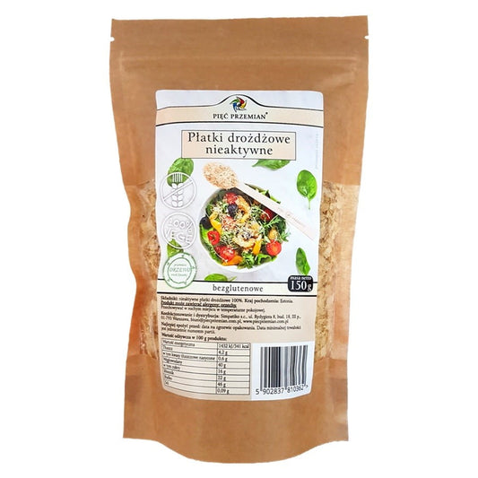 Hefeflocken inaktiv glutenfrei von PIĘĆ PRZEMIAN, 150 g, Nahaufnahme der glutenfreien Hefeflocken in einer Dose.
