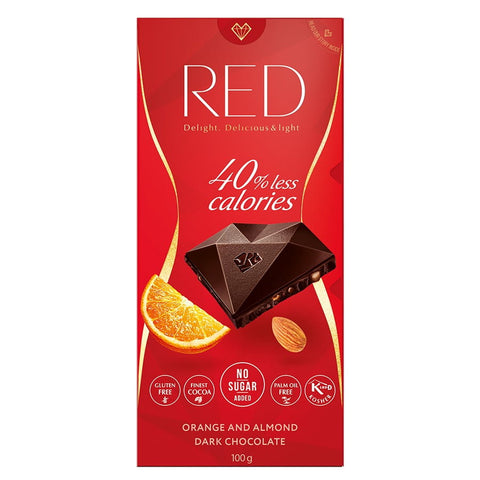 Zartbitterschokolade mit Orange und Mandeln 40 % weniger Kalorien 100 g RED DELIGHT