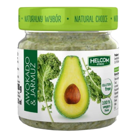 Avocadopaste mit Grünkohl in 180g Verpackung von HELCOM, cremige grüne Avocadocreme mit Grünkohl, auf weißem Hintergrund
