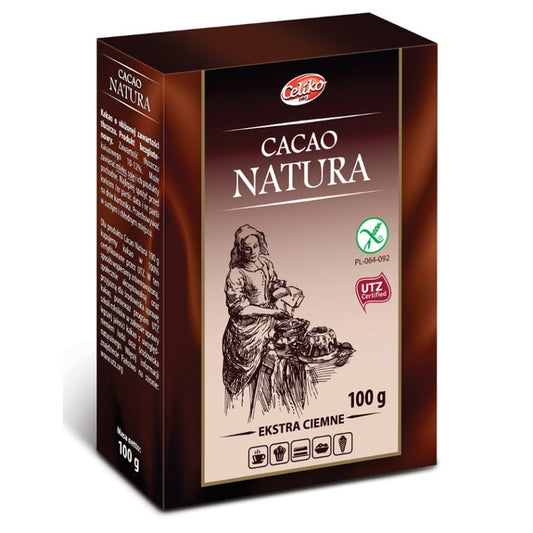 Dunkler, glutenfreier Kakao von CELIKO in 100g Packung, fein und aromatisch für Schokoladenliebhaber.