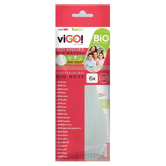 Sechs biologisch abbaubare Messer von VIGO! aus nachhaltigem Material, ideal für umweltfreundliches Essen.