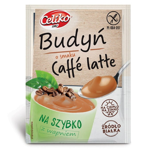 CeliKo glutenfreier Caffe Latte Pudding in 37g Packung, cremige Kaffee-Geschmacksrichtung, sichtbar im Bild