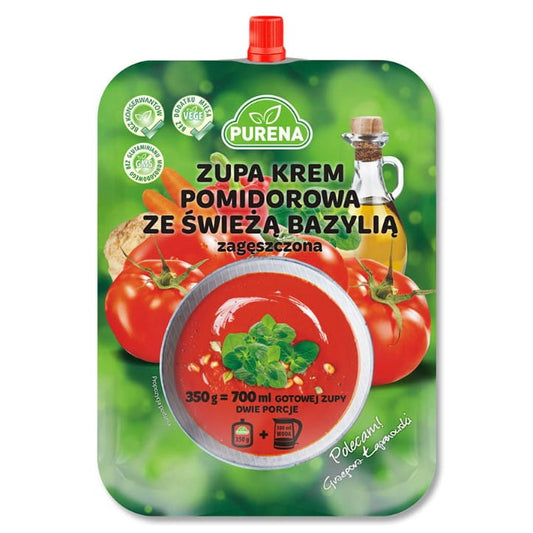 Tomatencremesuppe mit frischem Basilikum in 350g Packung, PURENA, cremige Suppe mit roter Tomatenbasis und grünen Basilikumblättern