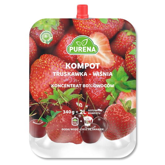 Erdbeerkompott mit Kirschkonzentrat in 340g Dose, PURENA, fruchtig und frisch, sichtbar in der Verpackung