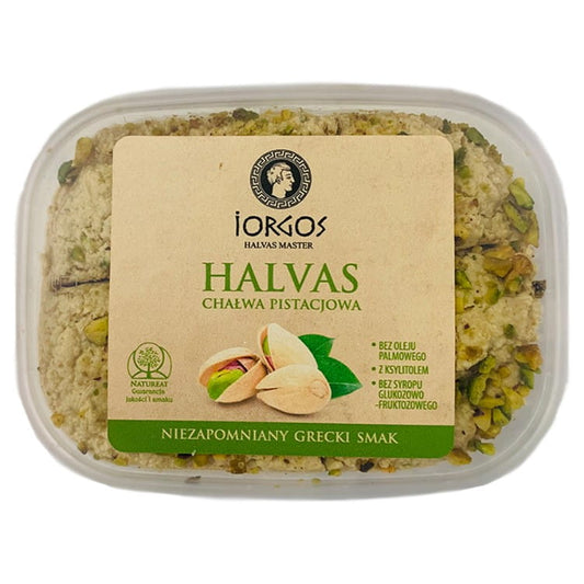 Pistazienhalva mit Xylit von IORGOS, 250g, cremige grüne Süßigkeit mit Pistazien und Xylit in der Verpackung