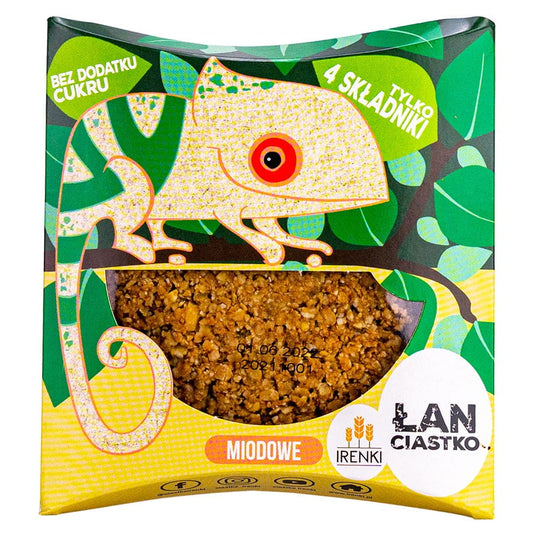 Buchweizenkuchen mit Honig von IRENKI, Chamäleon, 40 g, frisch und knusprig, zeigt das Verpackungsdesign und den Keks