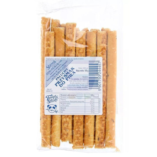 Knusprige Grissini von STEMA & MANLESS, 100g, perfekte Begleitung für Bier, sichtbar in der Verpackung.
