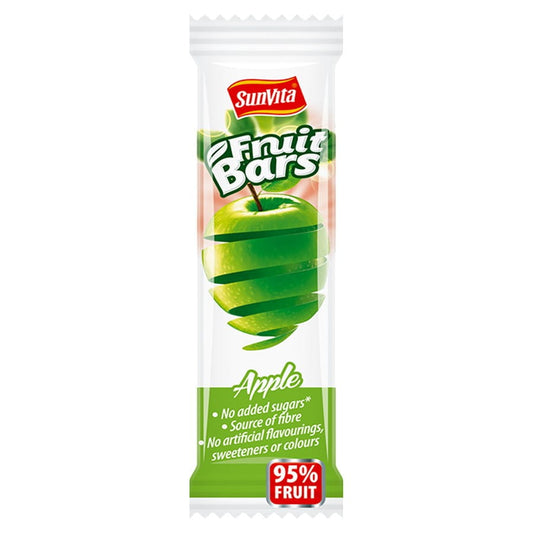 Apfel-Fruchtriegel ohne Zuckerzusatz von SUNVITA, 20 g, liegt auf weißem Hintergrund, zeigt die Verpackung des gesunden Snacks.