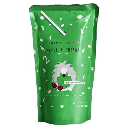 HAPPY JUICE Apfel-Kirschsaft in 200ml Flasche, Nahaufnahme des Saftes mit Apfel- und Kirschfrüchten.