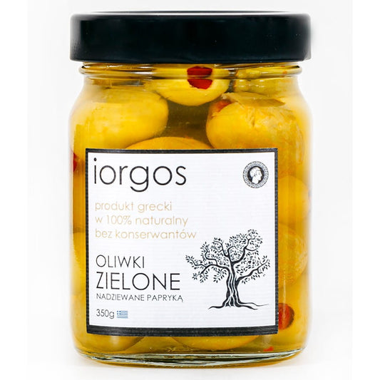 Grüne Premium-Oliven mit Paprika von IORGOS, 350g, in einer transparenten Schale, sichtbar mit Paprikastücken und Oliven.