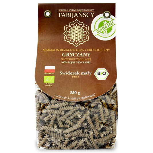 Buchweizennudeln "świderek klein" glutenfrei und BIO von FABIJAŃSCY in einer Verpackung, Nahaufnahme
