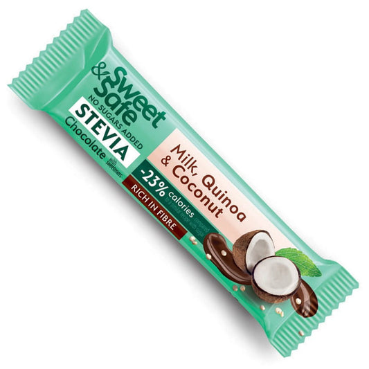 Milchschokoriegel von SWEET&SAFE mit Quinoa und Kokos, gesüßt mit Stevia, 25g, detailreiche Nahaufnahme