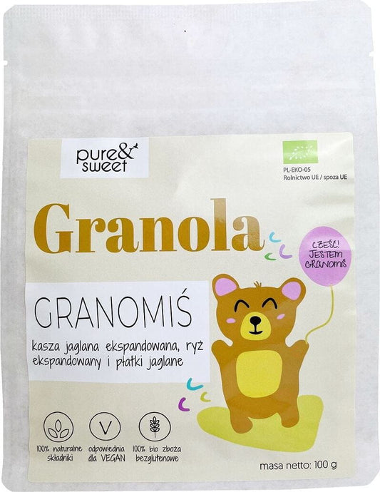 Bio Granola Schokolade von PURE&SWEET in 100g Verpackung, mit Schokoladenstücken und knusprigen Haferflocken, natürlich und lecker