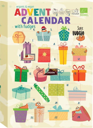 Veganer Adventskalender mit BIO Fudges, 260g, von SUPER FUDGIO, zeigt bunte Schokoladen- und Fudge-Nummern für jeden Tag