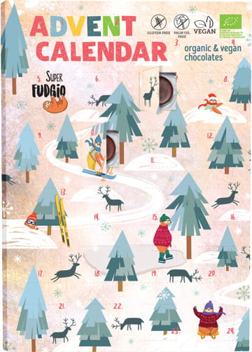 Veganer Adventskalender mit 100g Bio-Schokolade von SUPER FUDGIO, geöffnet, zeigt Schokoladenfenster und festliches Design