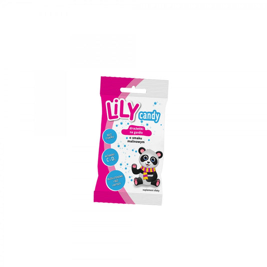 Himbeergeschmack Dragees mit Vitaminen für den Hals, 40 g, von 7 PHARMA, LILY CANDY, in einer offenen Verpackung.