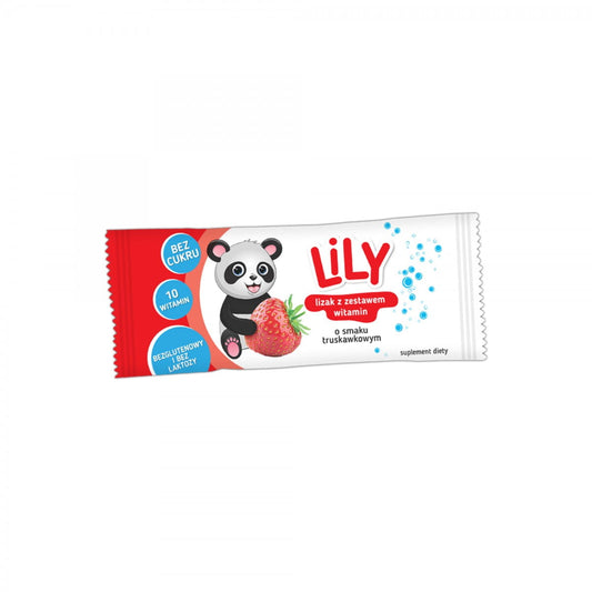 Vitamin-Lutscher mit Erdbeergeschmack von 7 Pharma, 8 g, LILY CANDY, zeigt den Fruchtgeschmack und das Lutscher-Design.