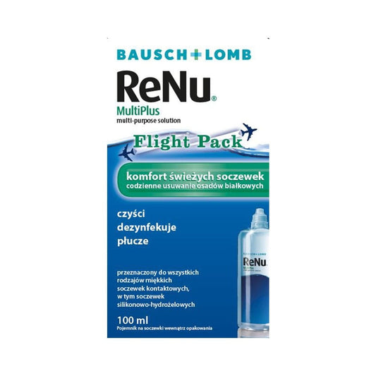 Flüssigkeit für weiche Kontaktlinsen Multiplus Flightpack, 100 ml, von BAUSCH&LOMB, in einer transparenten Flasche.
