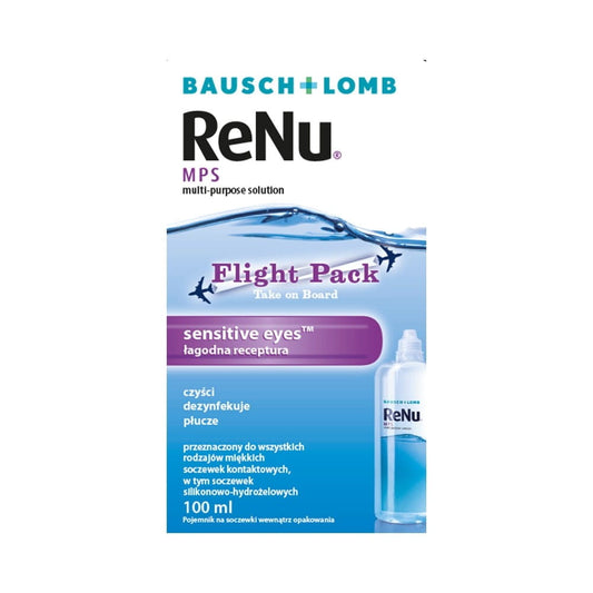 Flüssigkeit für Kontaktlinsen von Bausch & Lomb, mps sensitive Eyes Flightpack, 100 ml, in einer geöffneten Flasche.