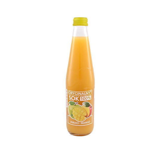 Glas mit 330 ml Apfel-Mangosaft von BIURKOM FLAMPOL, transparent mit gelber Flüssigkeit und Fruchtstücken.