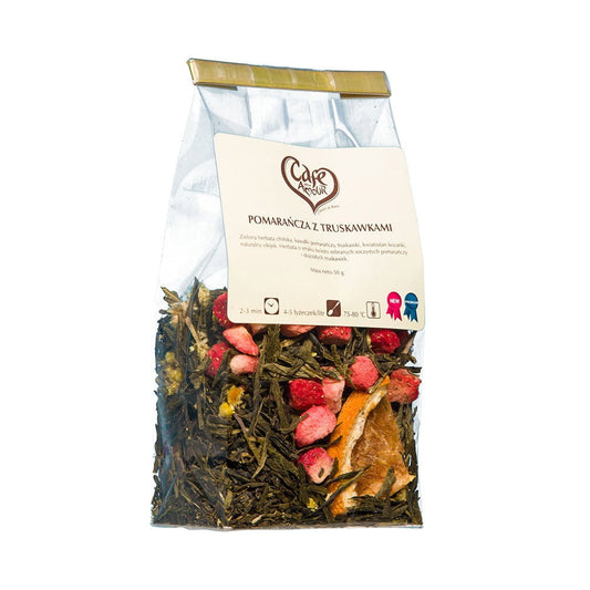 Grüner Orangenblättertee mit Erdbeeren, 50 g, CAFE CREATOR, frische Teeblätter und Erdbeerstücke in einer Packung