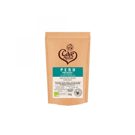 Gemahlener Röstkaffee von CAFE MON AMOUR Peru, 250g Packung, frisch gemahlen, aromatisch und perfekt für Kaffeezubereitung.