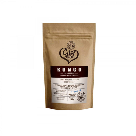 Geröstete Kaffeebohnen von CAFE MON AMOUR, 250g Kongo, frisch und aromatisch, in einer offenen Packung sichtbar