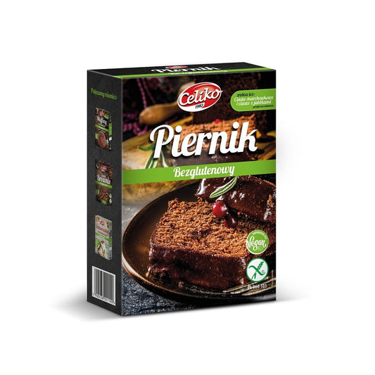 Glutenfreier Lebkuchenteig von CELIKO in 300 g Packung, zeigt den fertigen Teig mit Gewürzen und glutenfreiem Grund.