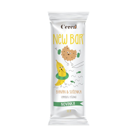 Bananenquark-Müsliriegel von CEREABAR, 33 g, mit Bananen und Müsli, in der Verpackung, Nahaufnahme