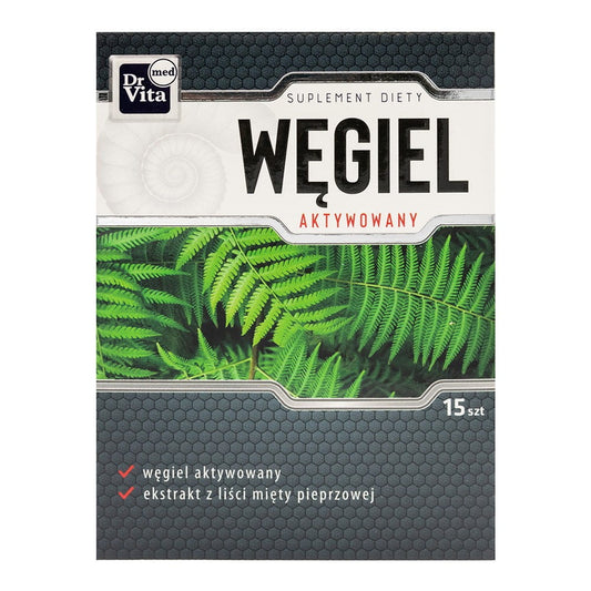 Aktivkohle-Tabletten, 15 Stück, von DRVITA, detailreiche Nahaufnahme der schwarzen Kapseln auf weißem Hintergrund