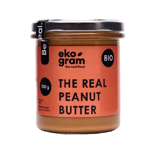 Glas mit 100% Bio-Erdnussbutter von EKOGRAM-THE REAL FOOD, 350 g, cremige Erdnusspaste in transparentem Glas