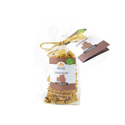 Hirse-Kekse mit Schokolade von FOLLOW, glutenfrei, 175 g, knusprige Kekse mit Schokoladenstücken auf weißem Hintergrund