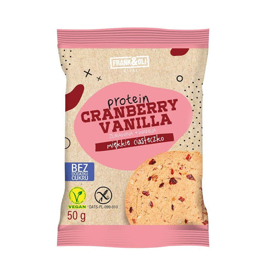 Proteinkekse von FRANK&OLI mit Cranberry und Vanille, 50 g, close-up Ansicht der Kekse mit fruchtigen Cranberries und Vanille.
