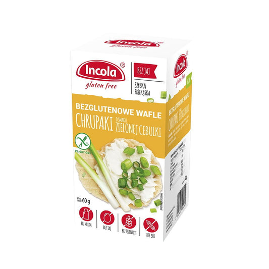 Knusprige Frühlingszwiebelchips von GFS POLAND, glutenfrei, 60 g, in einer offenen Verpackung.