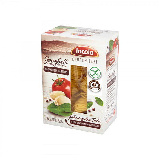 Glutenfreie Spaghetti Nudeln von GFS POLAND, 250 g, trockene Pasta in einer transparenten Packung.