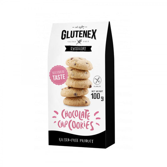 Glutenfreier Schokoladenkuchen von GLUTENEX, 100 g, mit Schokostückchen, saftig und lecker, auf einem Teller präsentiert.