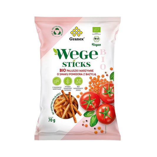 Bio Gemüsesticks Tomate mit Basilikum von GRANEX, 70 g, frisch und knusprig, perfekt für gesunde Snacks.