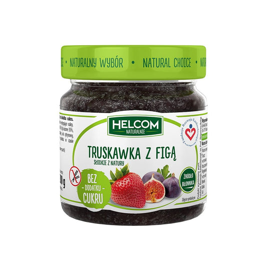 Erdbeer- und Feigenfruchtpaste in 200 g Glas, von GREEK TRADE, mit fruchtigen Beeren und Feigen sichtbar in der Verpackung