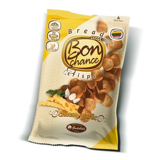Knoblauch- und Käsebrotchips von GUDOBELE, 120 g, knusprige Snacks mit Knoblauch- und Käsegeschmack auf einem Teller.