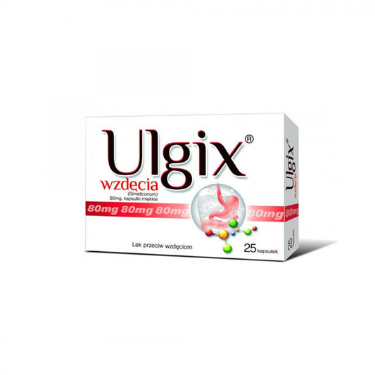 Ulgix gegen Blähungen, 25 Kapseln von HASCO-LEK, offene Packung mit Kapseln auf weißem Hintergrund