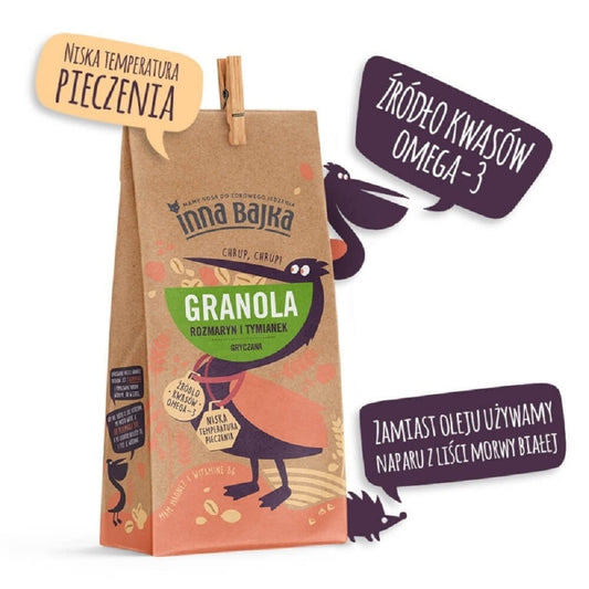 Buchweizen-Müsli von INNA BAJKA mit Thymian und Rosmarin, 300 g, Nahaufnahme der Verpackung und Müsli-Textur
