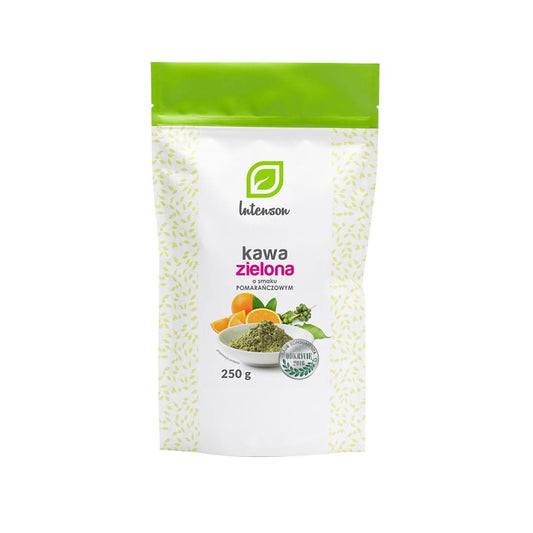 Gemahlener grüner Kaffee mit Orangenaroma von INTENSON, 250 g, frisch und aromatisch in einer Verpackung.