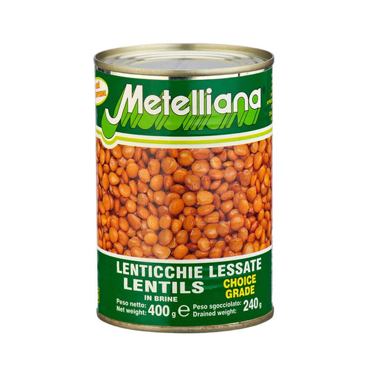 Dosenlinsen 400 g von ITALMEX, helle Linsen in der Dose, ideal für Eintöpfe und Salate, in einer geöffneten Dose sichtbar