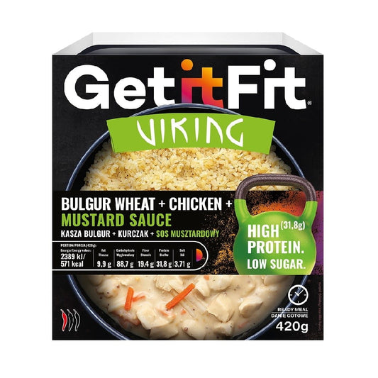 Bulgurgrütze mit Huhn und Mousesauce auf Teller, JOYFOOD, 420 g, appetitliches Gericht mit Hähnchen und cremiger Sauce