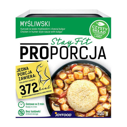Hühnchen in Jägersauce mit Bulgur und Gemüse, serviert auf einem Teller, von JOYFOOD, 300 g.
