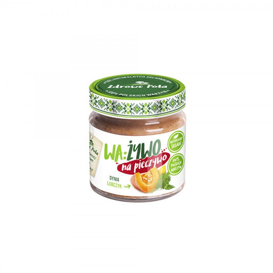 Kürbis- und Liebstöckelpaste von JOYFOOD in 180 g Glas, cremige Konsistenz, ideal zum Verfeinern von Gerichten, Nahaufnahme