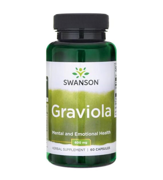 Swanson Grawiola 600mg Graviola Annona Muricata in 60 Kapseln, Nahaufnahme der Kapseln in einer Packung